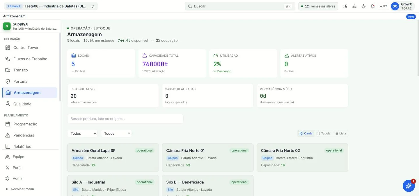 Tela real: SPI — Armazenagem, com dados de teste
