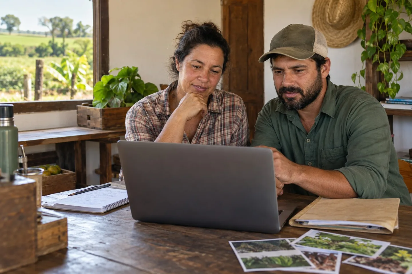 Cena ilustrativa: família consulta registros de campo em um notebook.